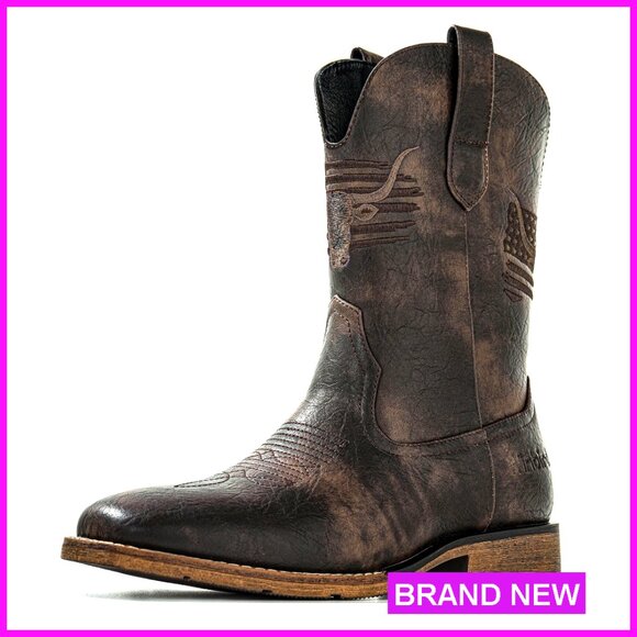 Square Toe Cowboy Boots Classic Patriot Embroidered Western Vegan Leather Pull